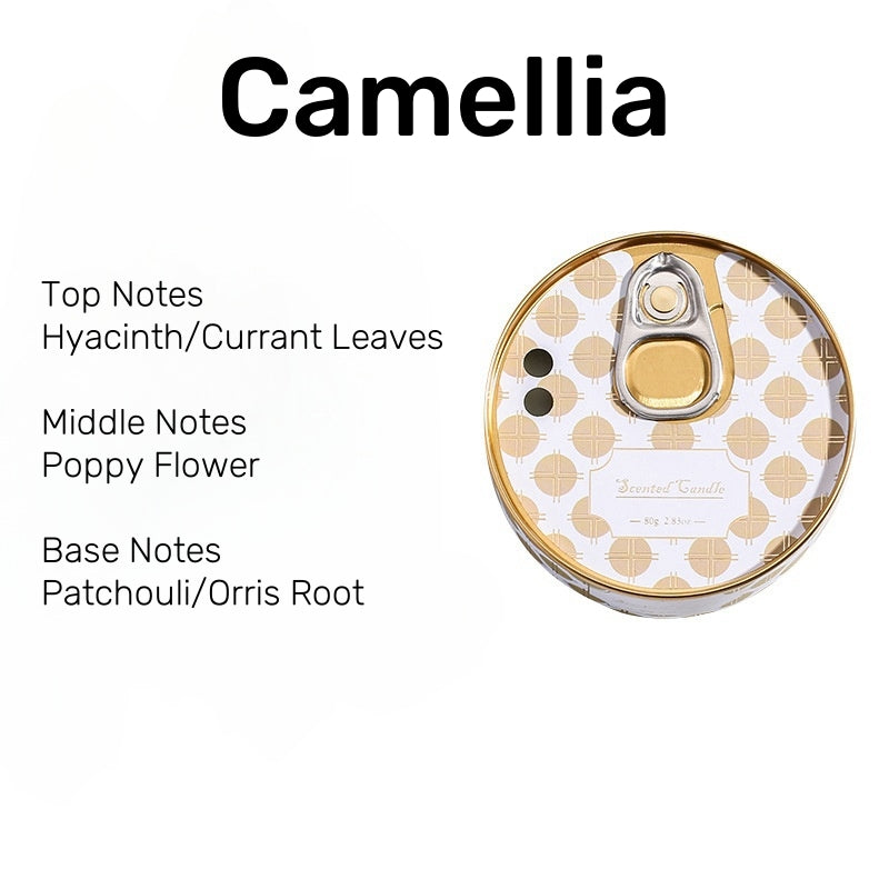 On the Go Traveling Tin Can Scented Candle in Camellia fragrance, a floral blend of hyacinth, currant leaf, poppy flower, and earthy patchouli.