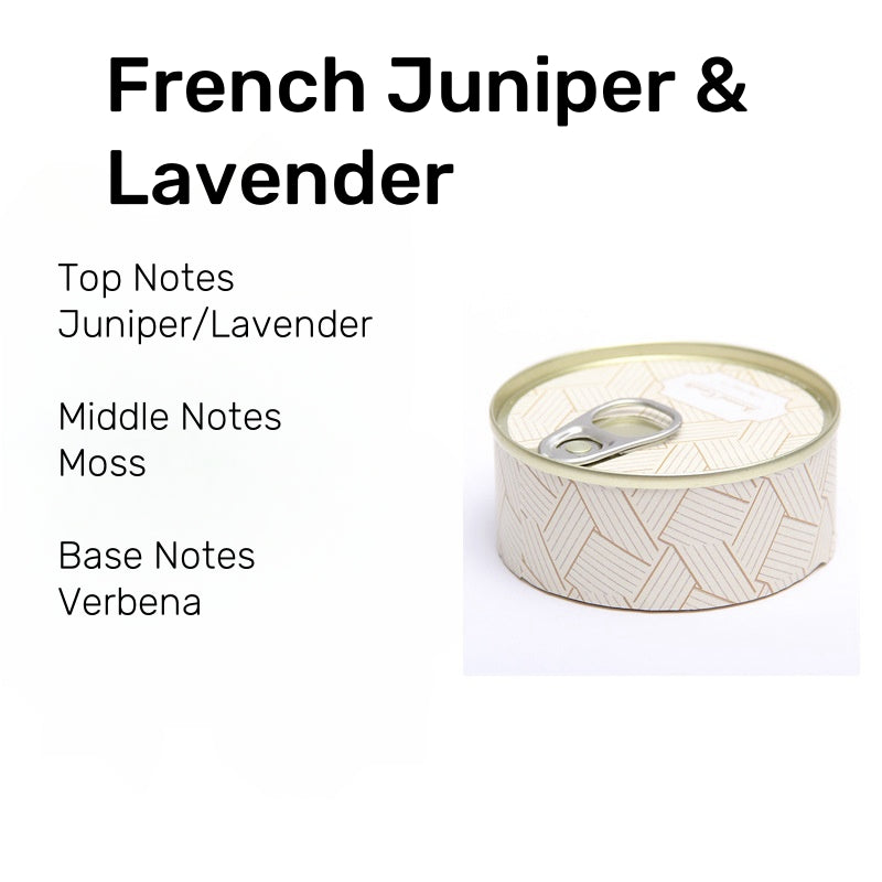 On the Go Traveling Tin Can Scented Candle in French Juniper & Lavender fragrance, a calming blend of juniper, lavender, moss, and verbena.