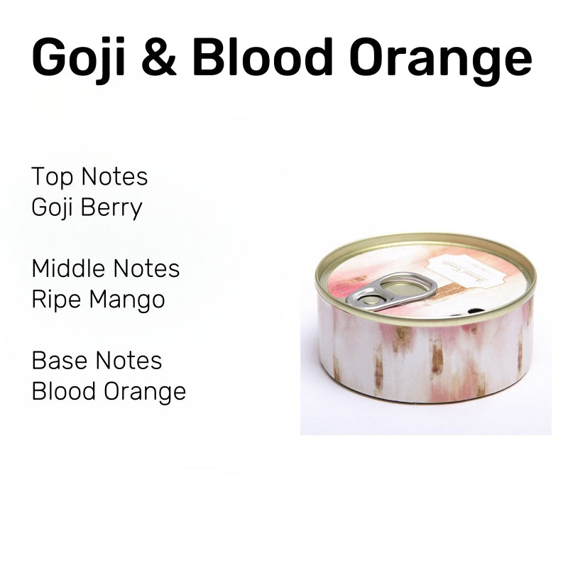 On the Go Traveling Tin Can Scented Candle in Goji & Blood Orange fragrance, featuring vibrant goji berries, ripe mango, and tangy blood orange.