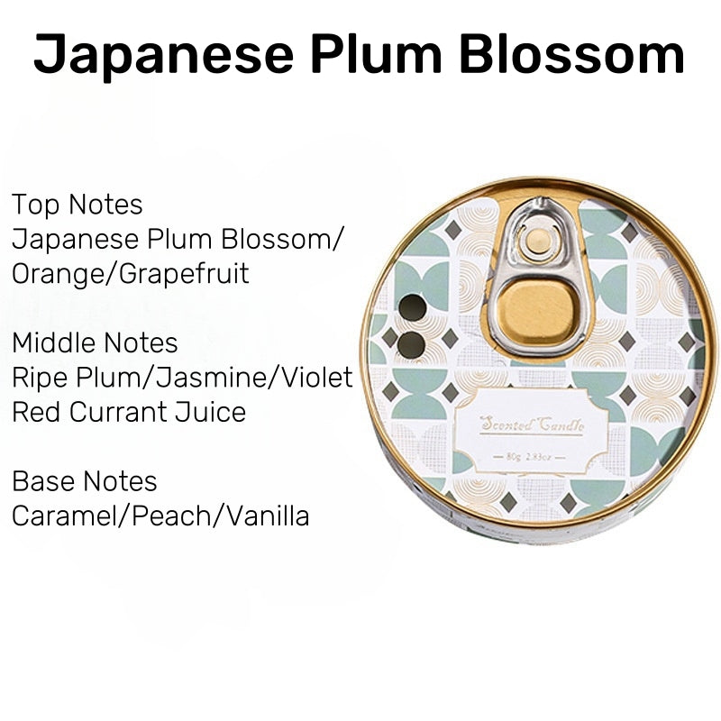 On the Go Traveling Tin Can Scented Candle in Japanese Plum Blossom fragrance, offering a rich floral scent of plum blossom, orange, grapefruit, and caramel.