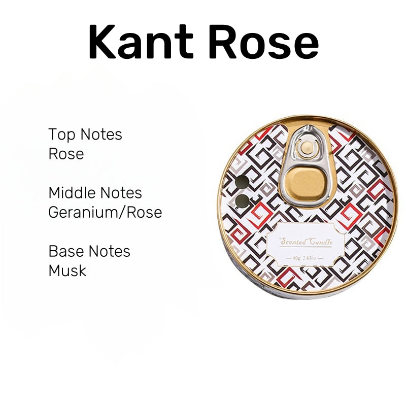 On the Go Traveling Tin Can Scented Candle in Kant Rose fragrance, a romantic blend of rose, geranium, and musk for a soft floral aroma.
