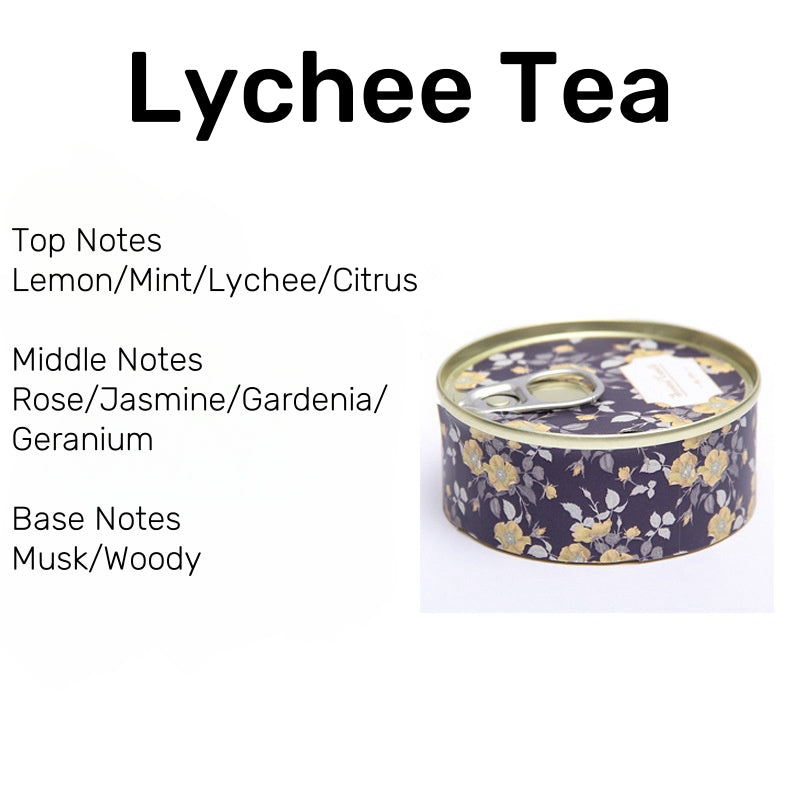 On the Go Traveling Tin Can Scented Candle in Lychee Tea fragrance, combining fresh lemon, mint, and lychee with rose, jasmine, and soft wood.