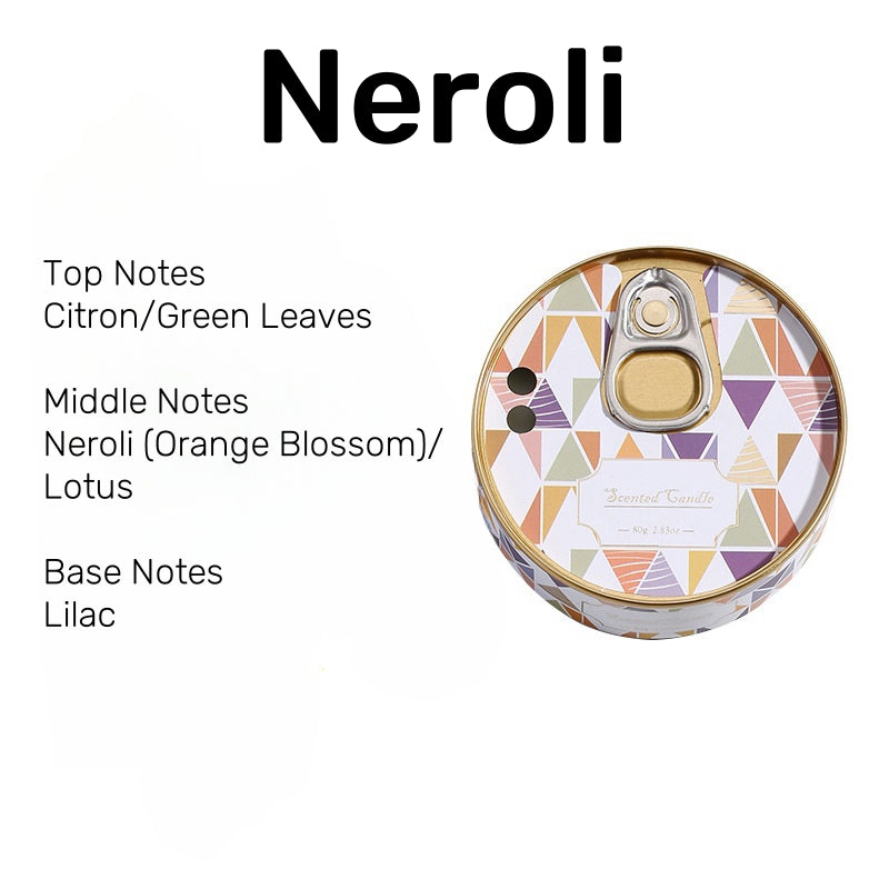 On the Go Traveling Tin Can Scented Candle in Neroli fragrance, a citrusy blend of orange blossom, green leaves, lavender, and lily.